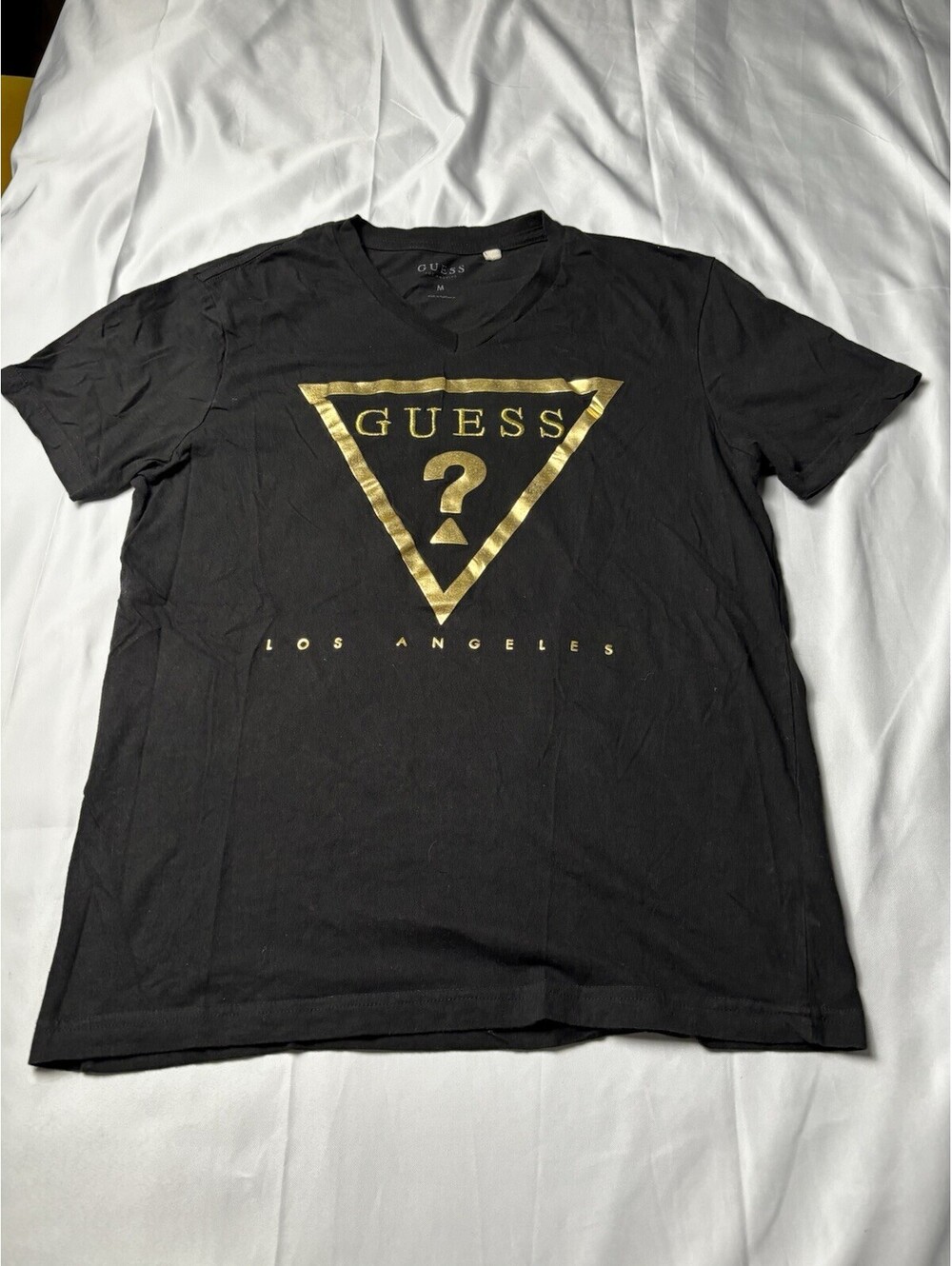 Guess Los Angeles Black V-Neck T-Shirt with Gold Logo, SizeM